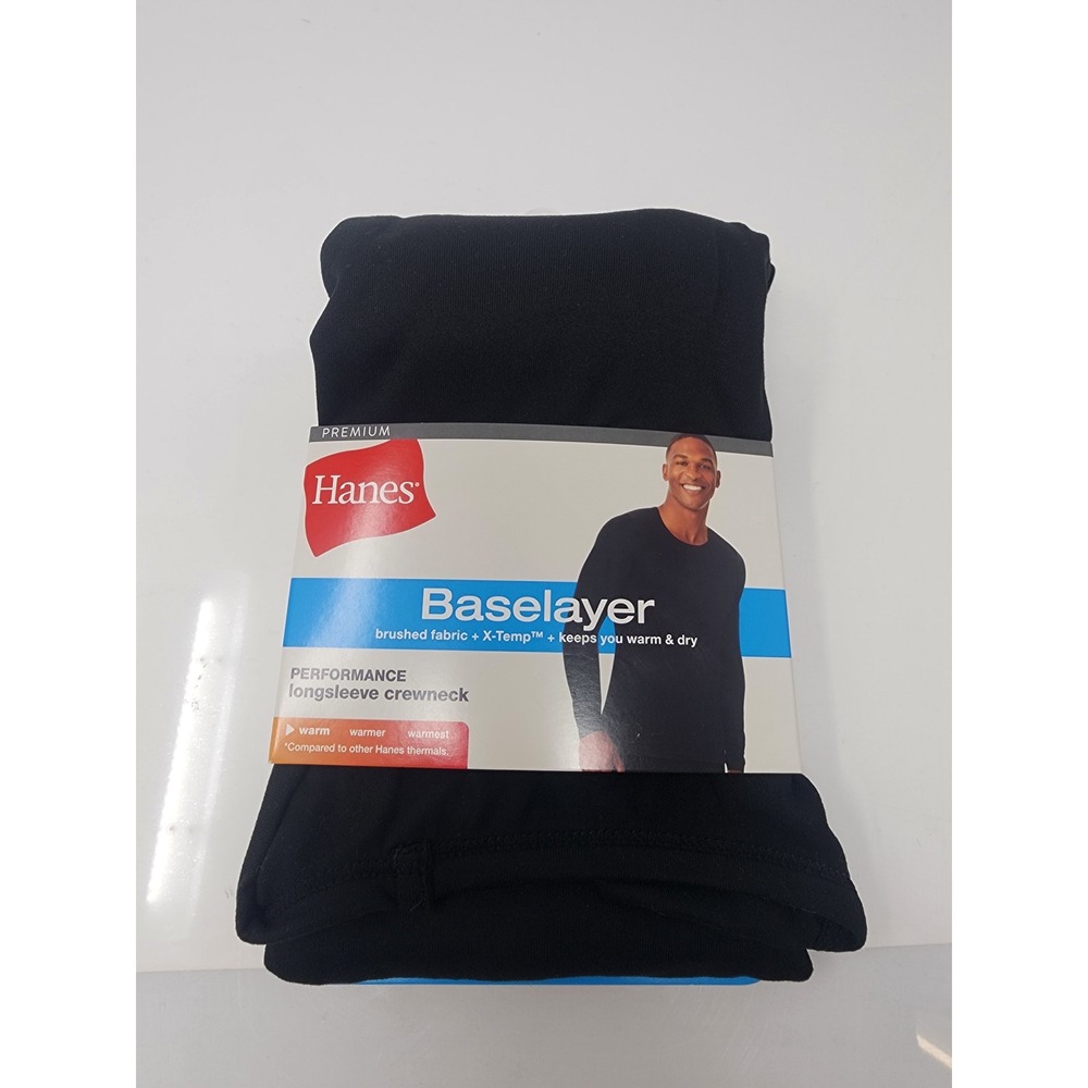 Hanes Mens Baselayer Longsleeve Crewneck Black Polyester Blend Athletic Size S